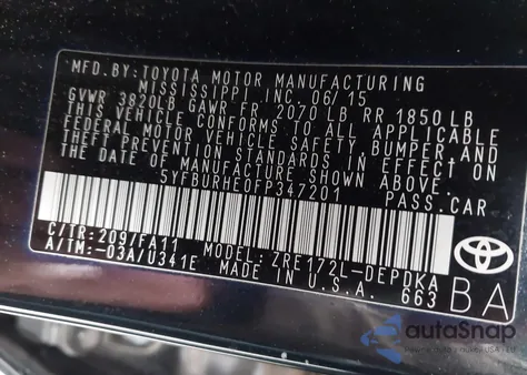 2015 Toyota Corolla L из США, поврежденный, VIN 5YFBURHE0FP347201